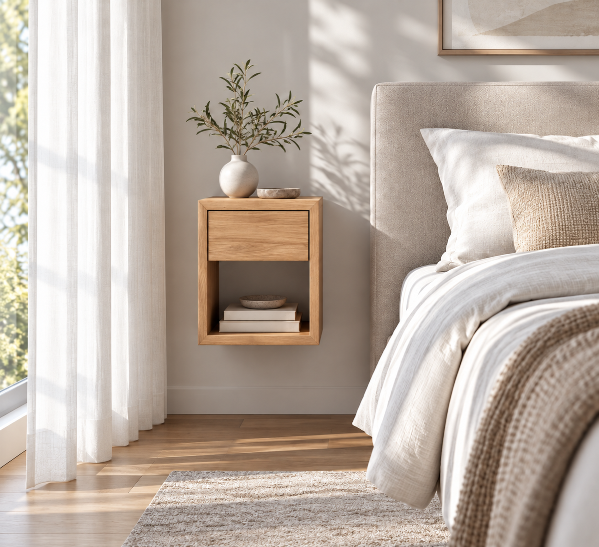 Small Nightstand Hugo With Soft-Close Drawer - Natural Matte Lacquer