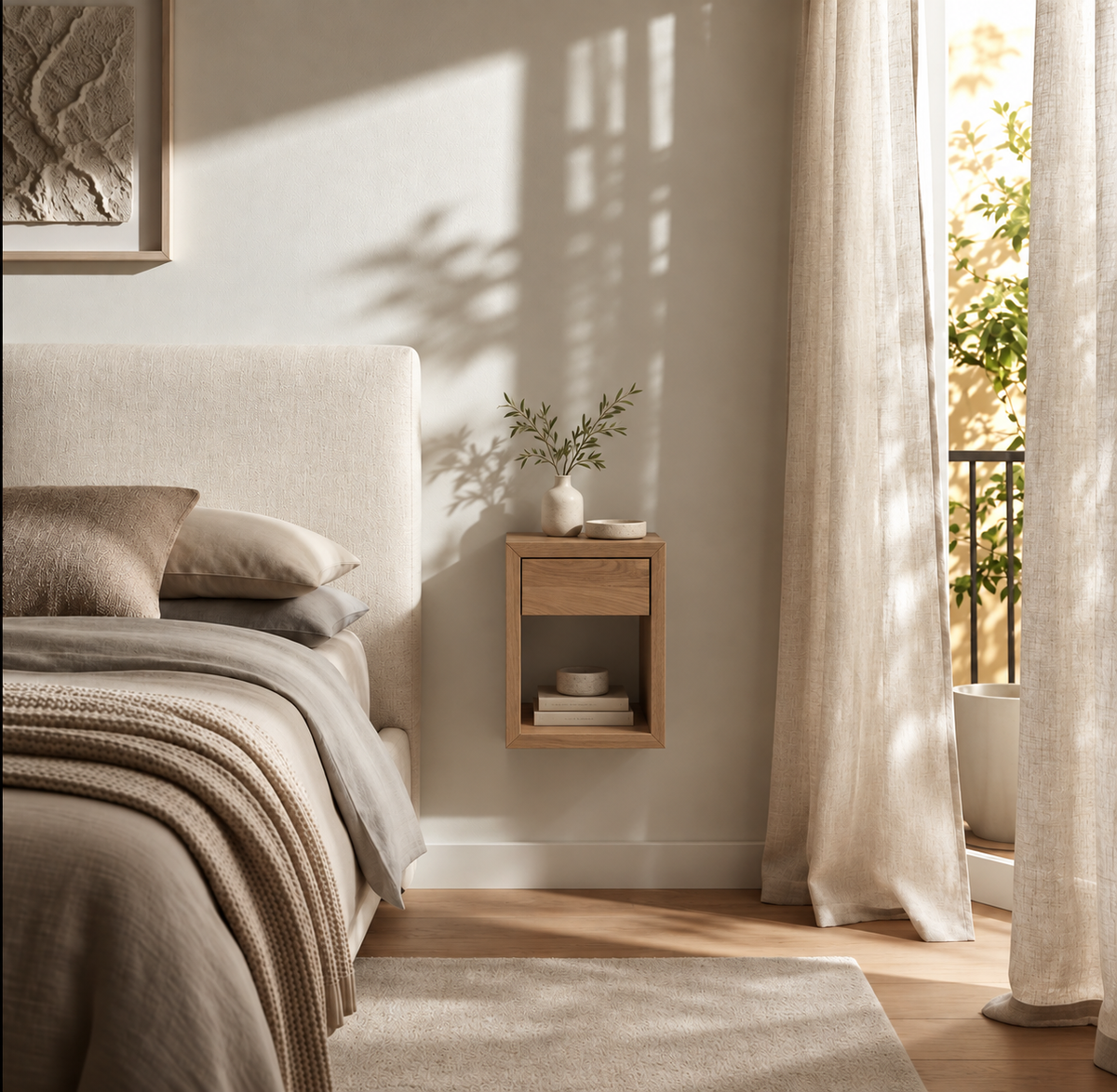 A styled bedroom corner with a bed dressed in neutral beige and taupe bedding, a small floating wooden nightstand with a vase of greenery, sheer curtains, and warm sunlight streaming across a cream wall.