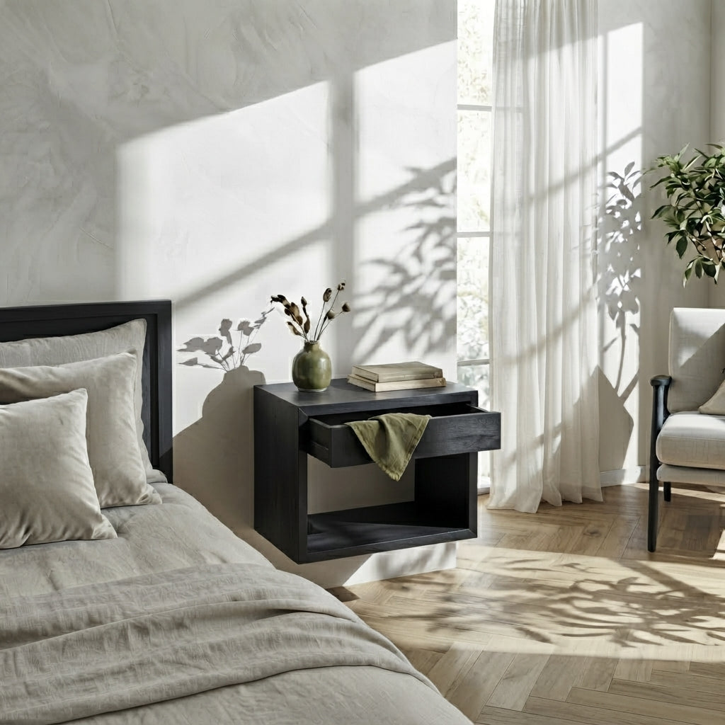 Floating Wide Nightstand Hugo - Black Beech