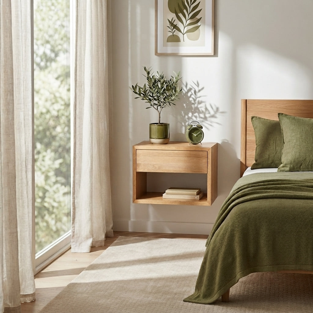Floating American White Oak Wood Wide Nightstand Hugo