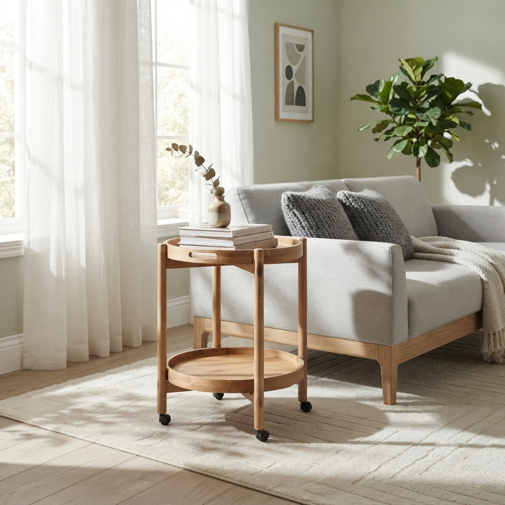 A light natural wood rolling side table with a lower tray and black caster wheels, styled in a bright, modern living room next to a gray sofa.