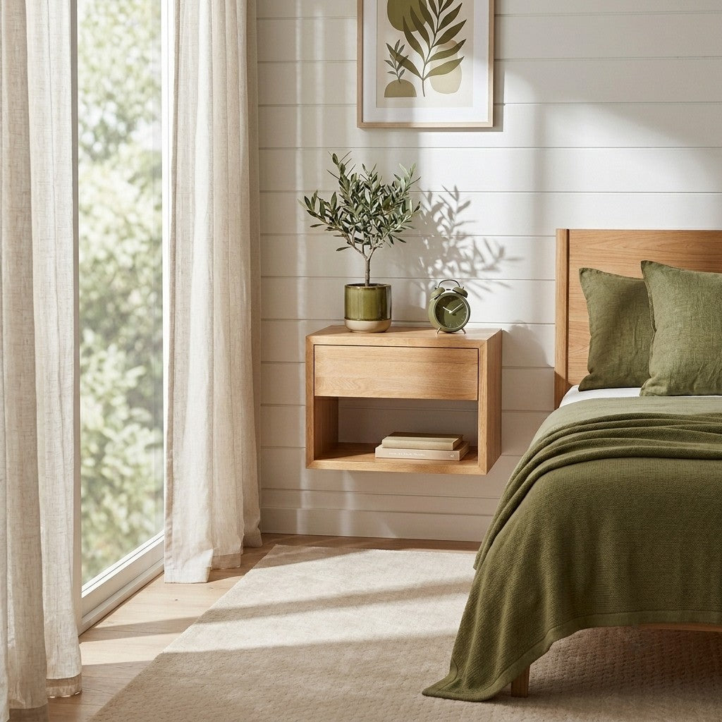 Floating Oak Wood Wide Nightstand Hugo