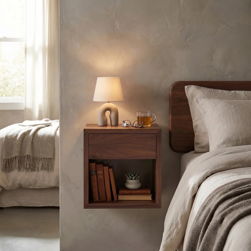 A floating wooden nightstand in a warm medium brown finish, styled in a cozy bedroom setting next to a bed with neutral-toned bedding. The nightstand features a single drawer and an open shelf holding books and a small succulent, with a lit cream-colored sculptural table lamp and a glass mug on top.