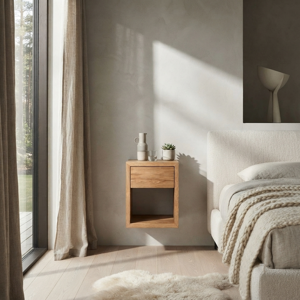 Hugo small nightstand in natural matte lacquer oak, three-quarter lifestyle view