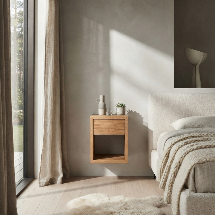 Hugo small nightstand in natural matte lacquer oak, three-quarter lifestyle view