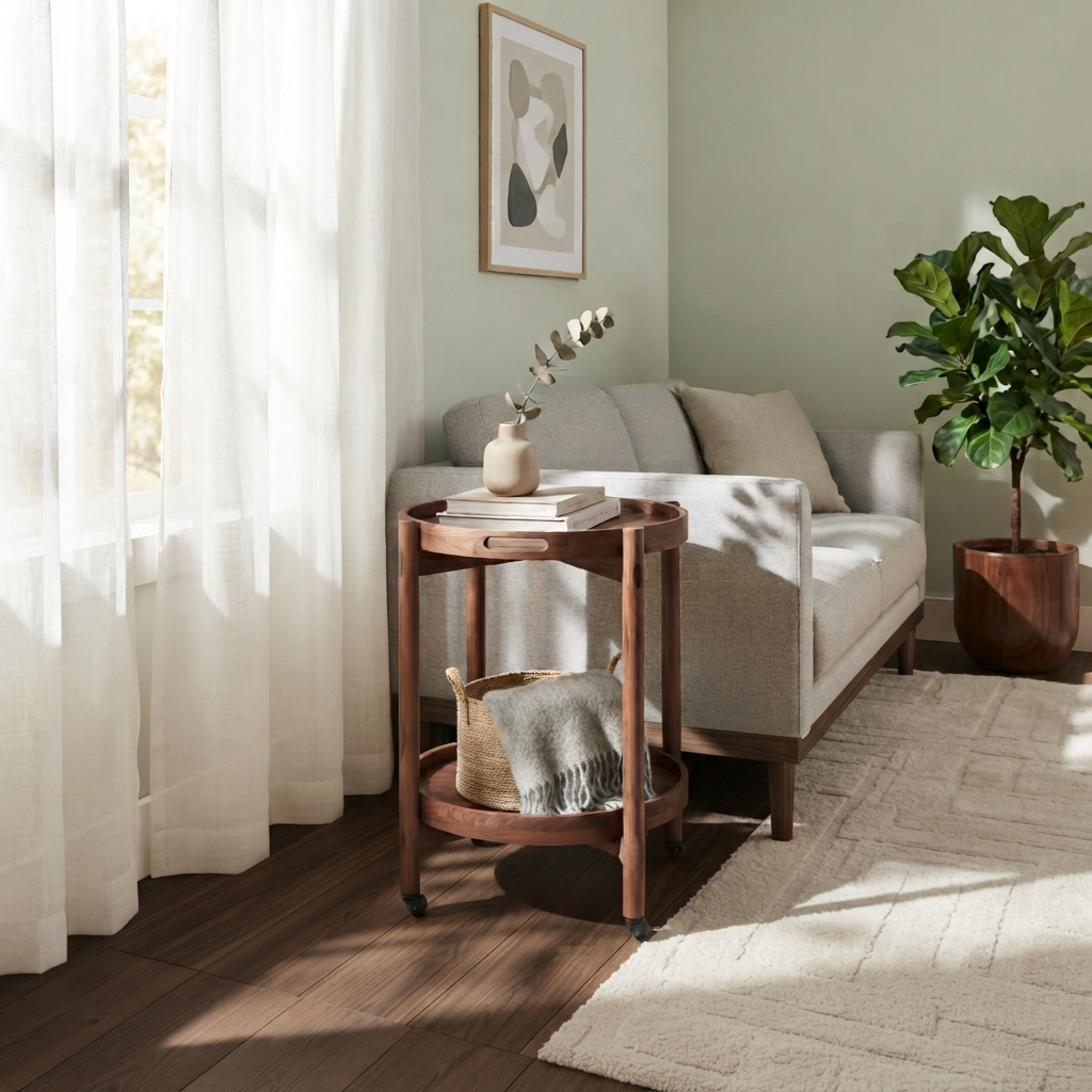 A round wooden two-tier side table with black caster wheels, styled in a bright, modern living room next to a light gray sofa and a potted fiddle-leaf fig plant.