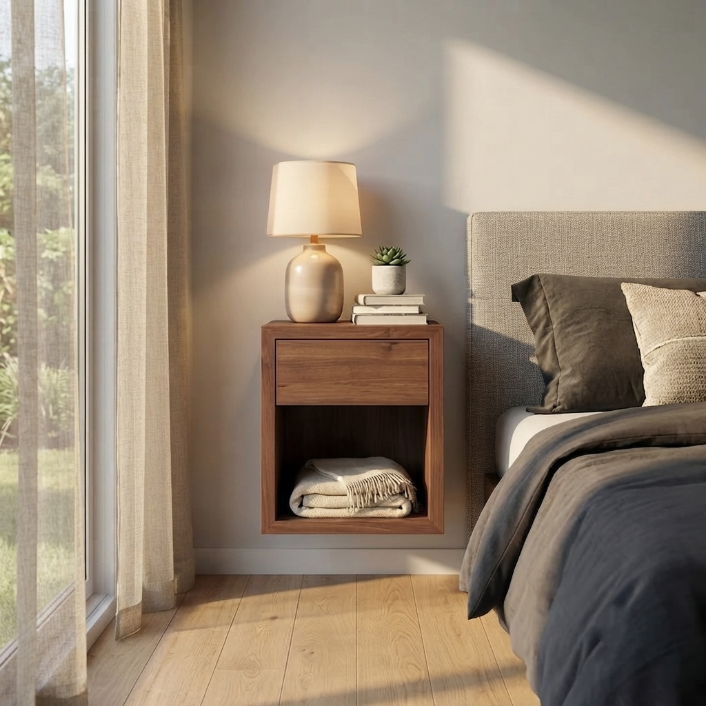 A floating wooden nightstand with a single drawer and open shelf, styled in a modern bedroom next to a bed with gray bedding and a lit table lamp.