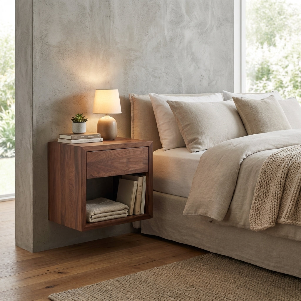 Hugo Walnut Floating Nightstand next to a linen bed with a small lamp  on top, blanket and books stored on open lower shelf
