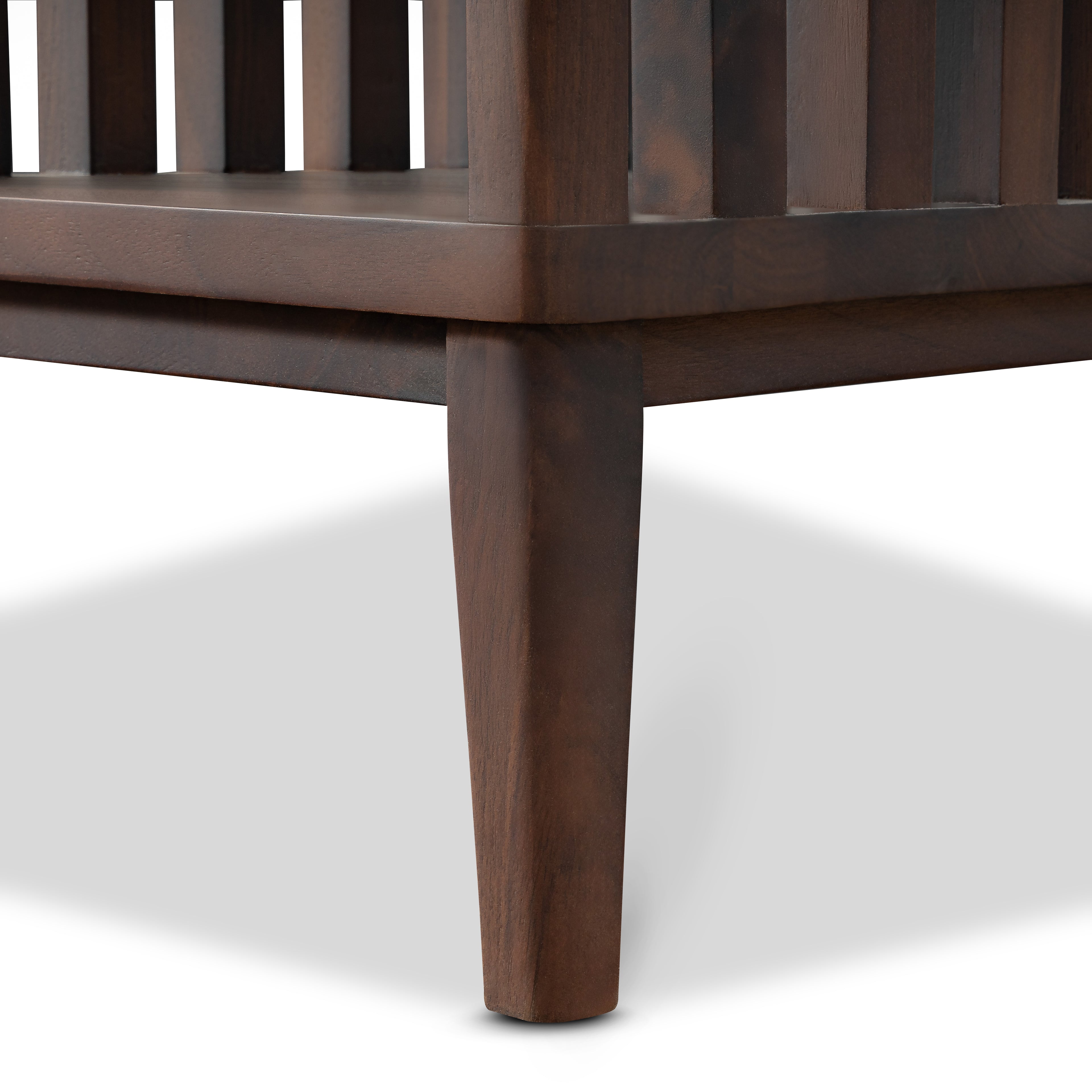 Jack Narrow Side Table/Nightstand – Handcrafted Solid Walnut close-up of tapered leg and slat detail, gallery position 1, JACKNIGHTSTAND_1.jpg