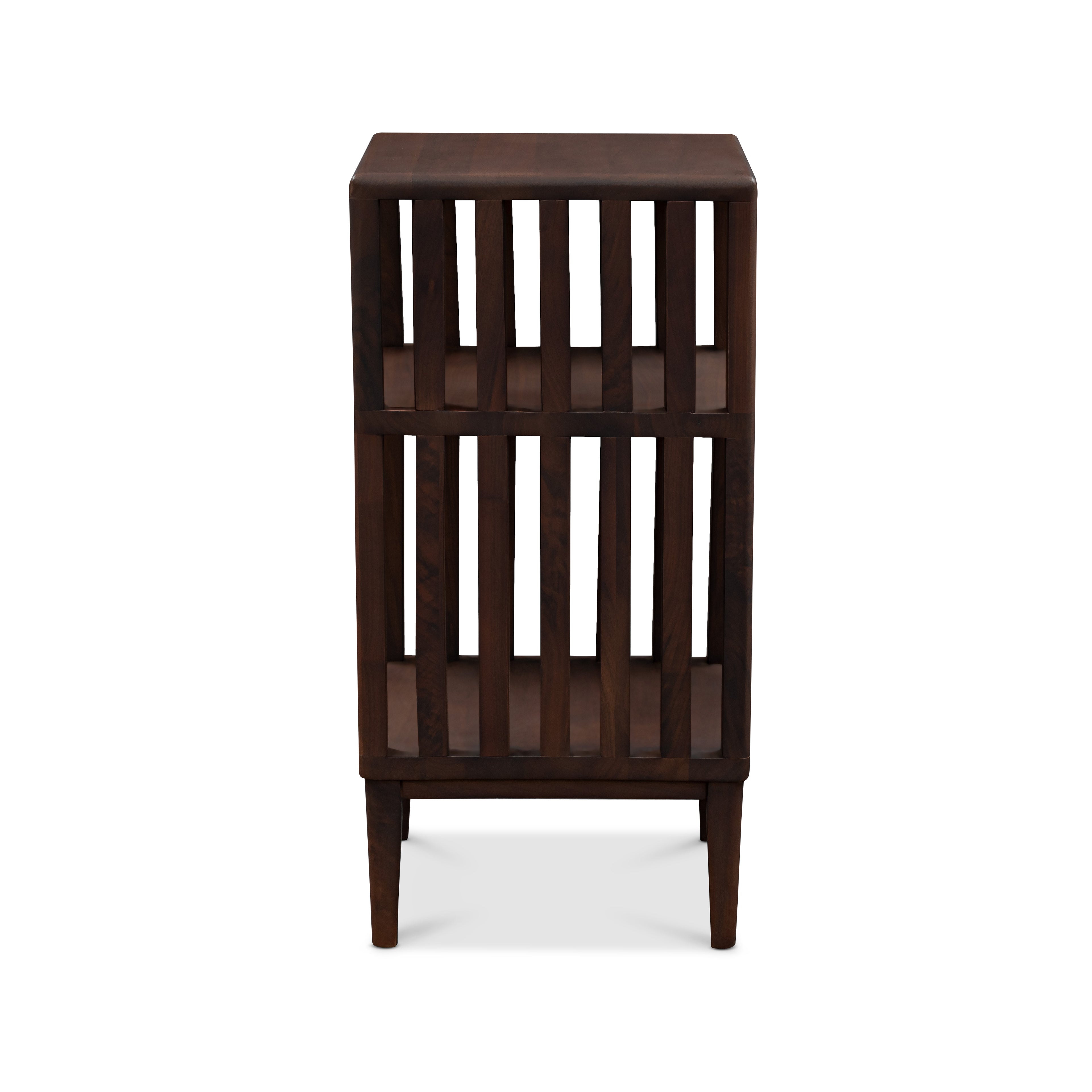Jack Narrow Side Table/Nightstand – Handcrafted Solid Walnut with open slat storage and slender legs, front view, gallery position 1, JACKNIGHTSTAND_3.jpg
