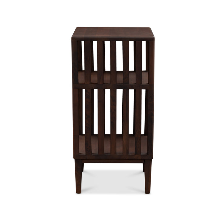 Jack Narrow Side Table/Nightstand – Handcrafted Solid Walnut with open slat storage and slender legs, front view, gallery position 1, JACKNIGHTSTAND_3.jpg