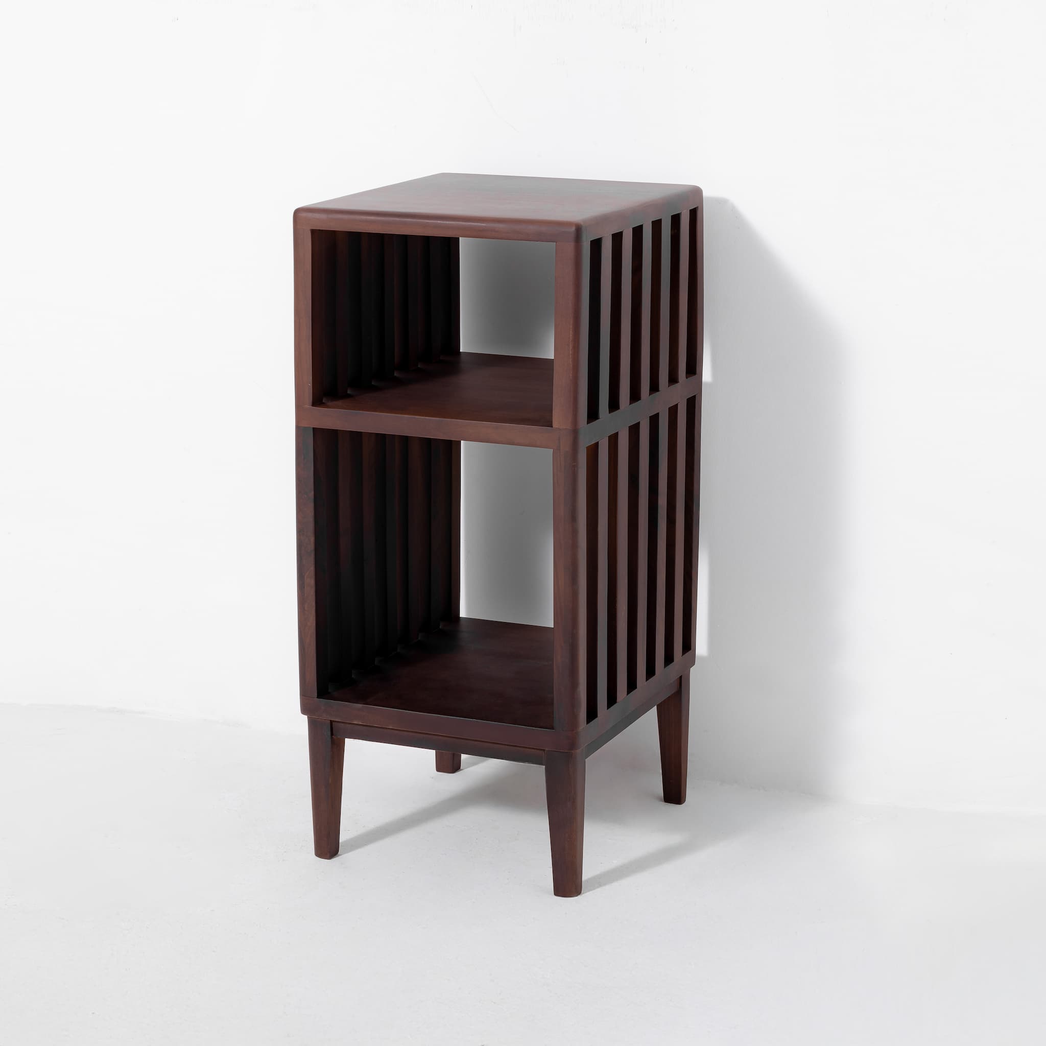 Jack Narrow Side Table/Nightstand – Handcrafted Solid Walnut with open slat design, double storage shelves, gallery position 1, JACK_NIGHTSTAND_4.jpg