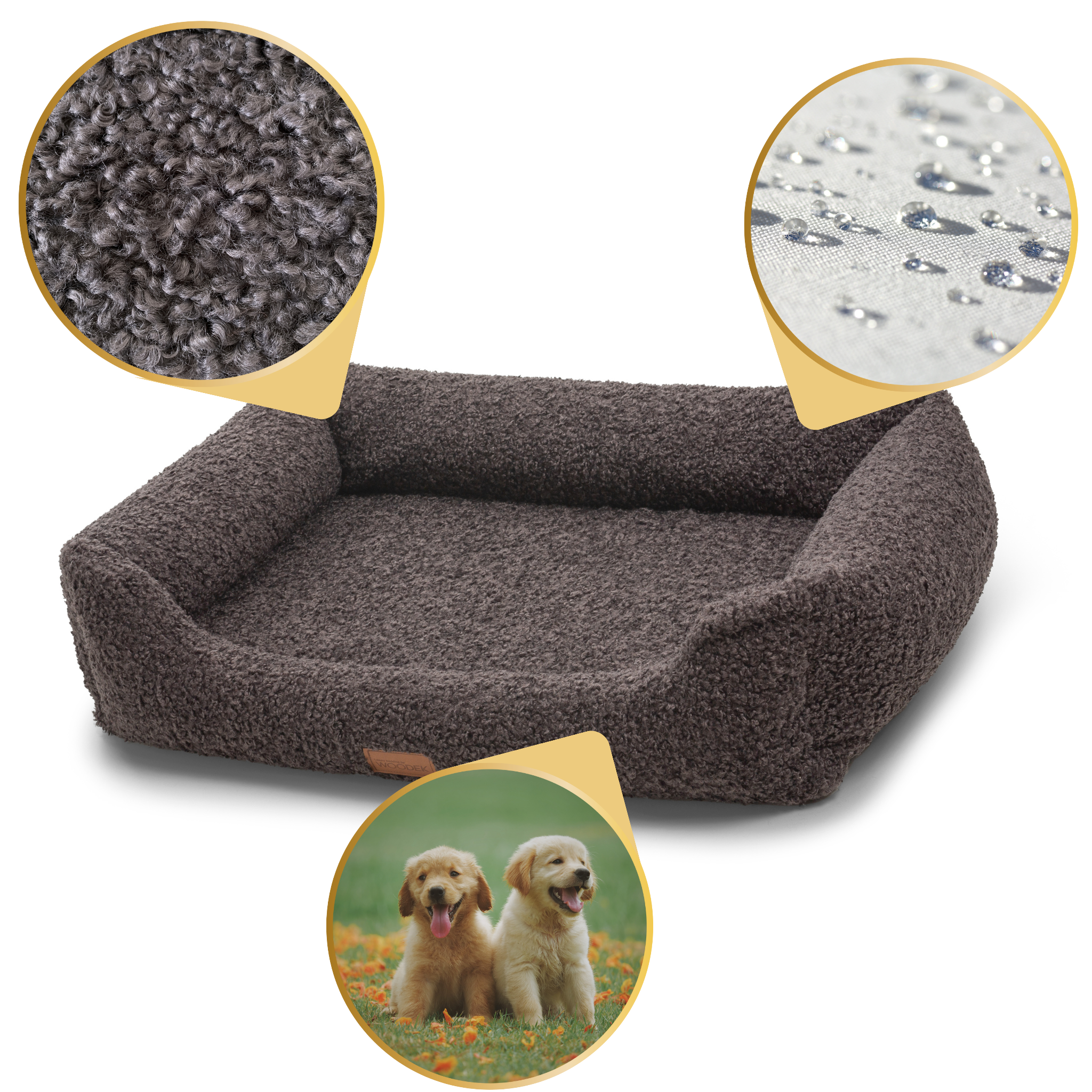 Gray orthopedic pet bed with highlighted features, including a soft sherpa fabric, waterproof material, and suitability for dogs of all sizes, with an inset of two happy golden retriever puppies."