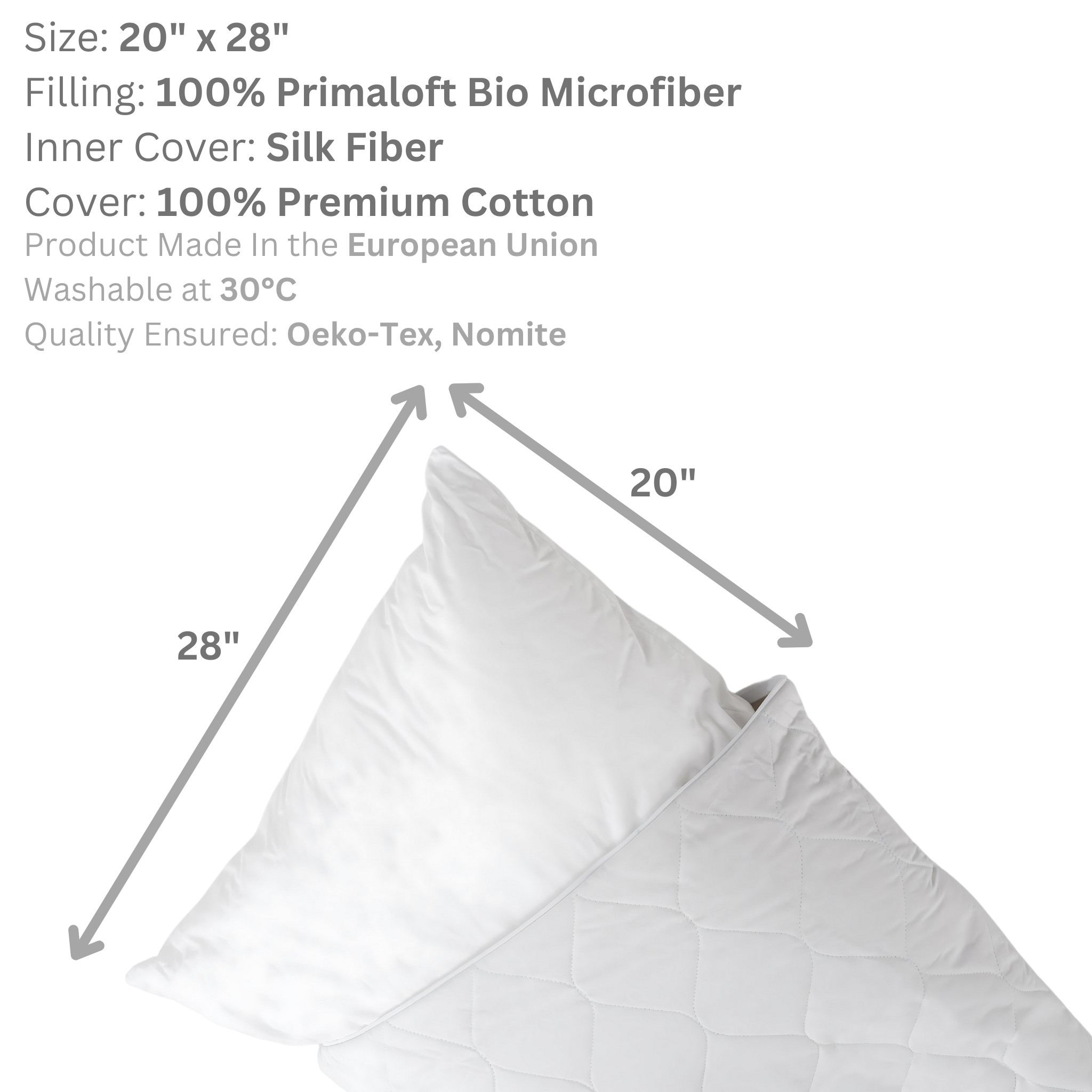 Showcasing pillow measurements and cower, also washing instructions