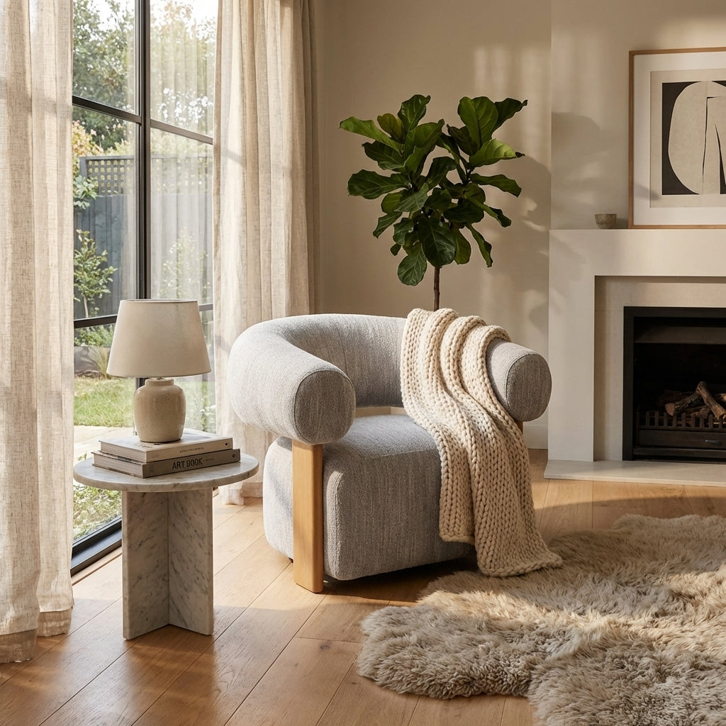 Cozy living room with a gray armchair, small table, lamp, and fireplace.