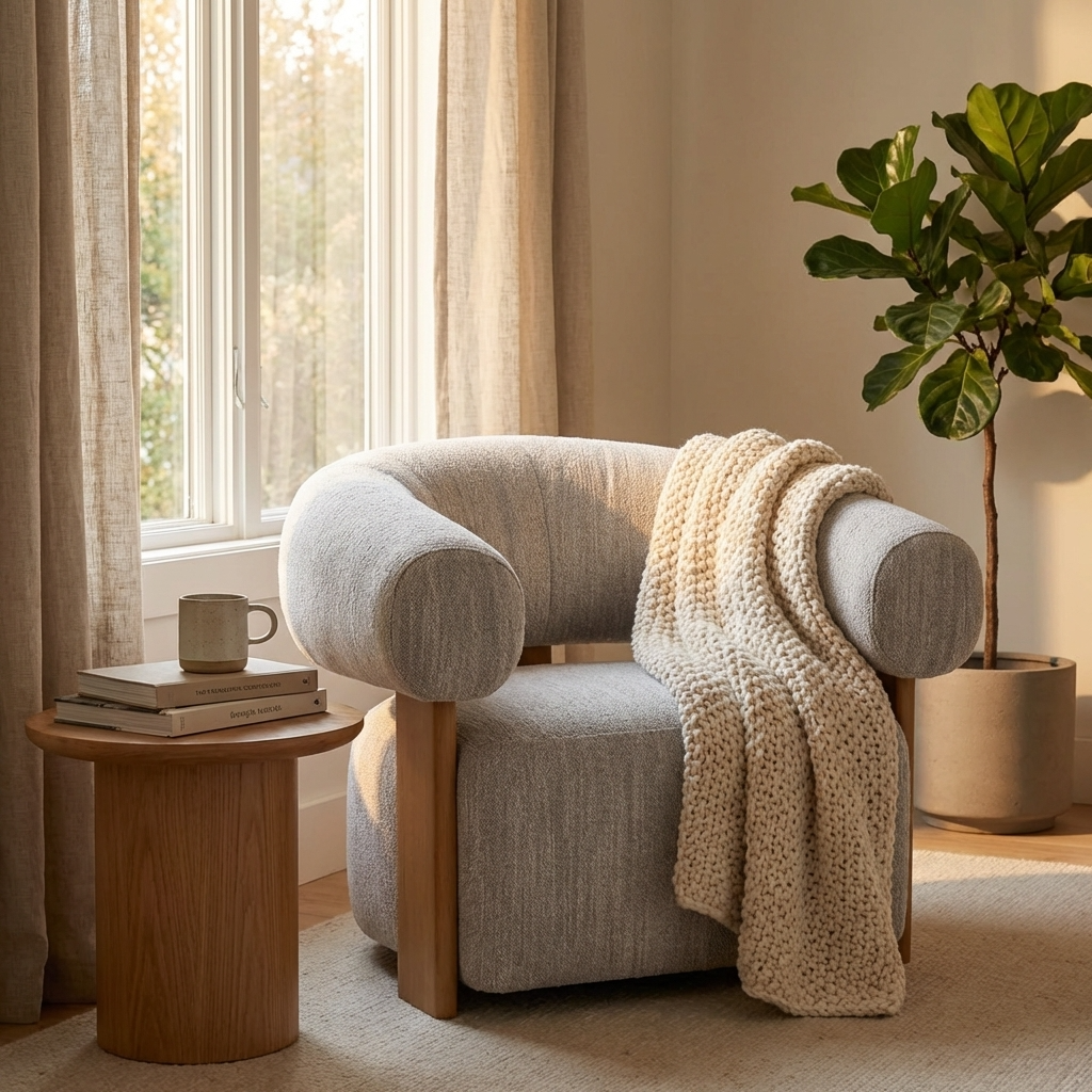 Cozy armchair with a blanket, books, and a plant in a softly lit room.