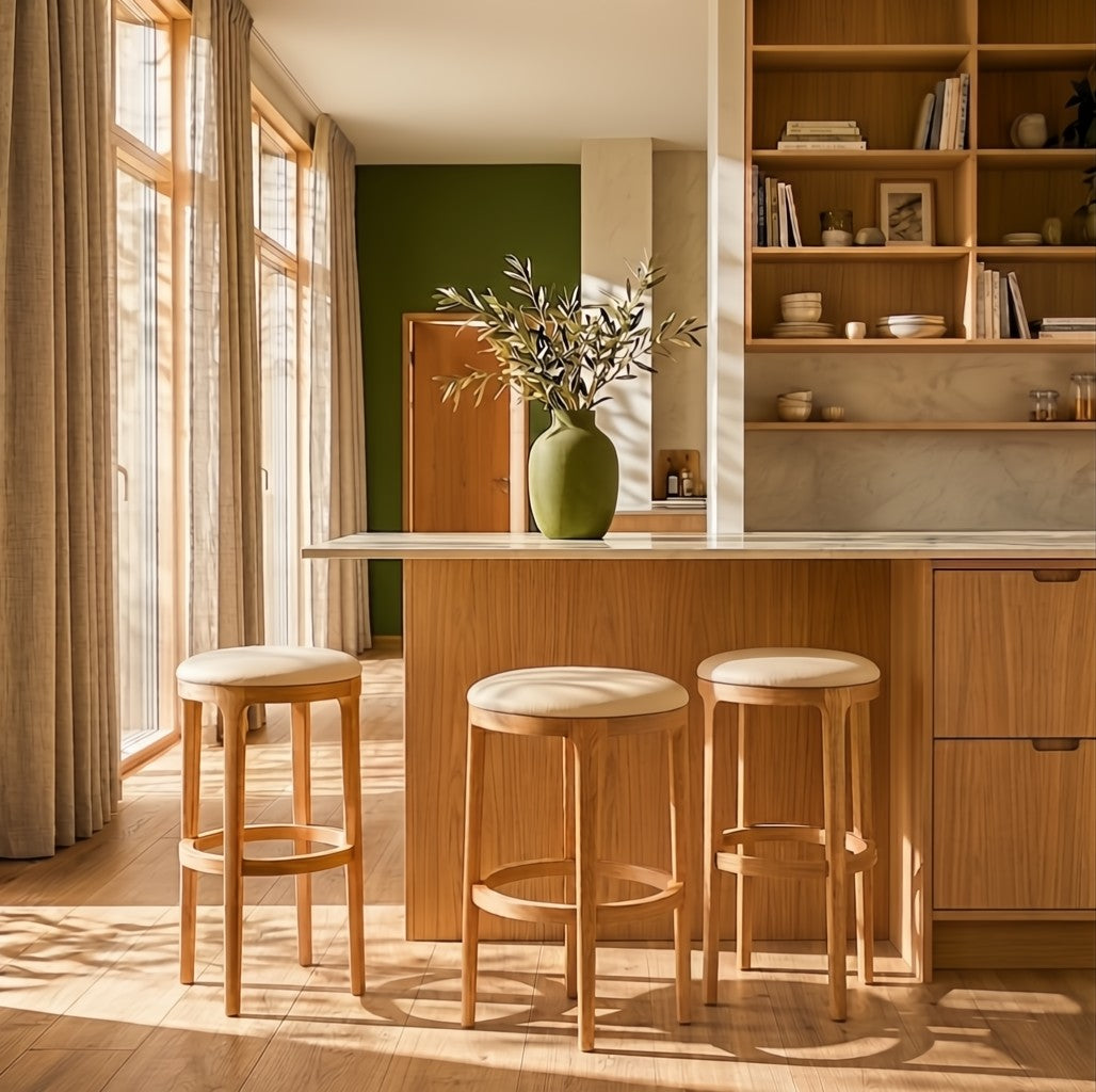 A bright, modern kitchen interior with a wooden island, three upholstered bar stools, open shelving, and large windows with beige curtains. A green vase with dried branches sits on the island.