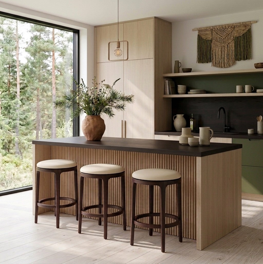 A modern kitchen island with a dark countertop and three bar stools with cream upholstered seats, set in a bright, contemporary kitchen with a large window showing trees outside.