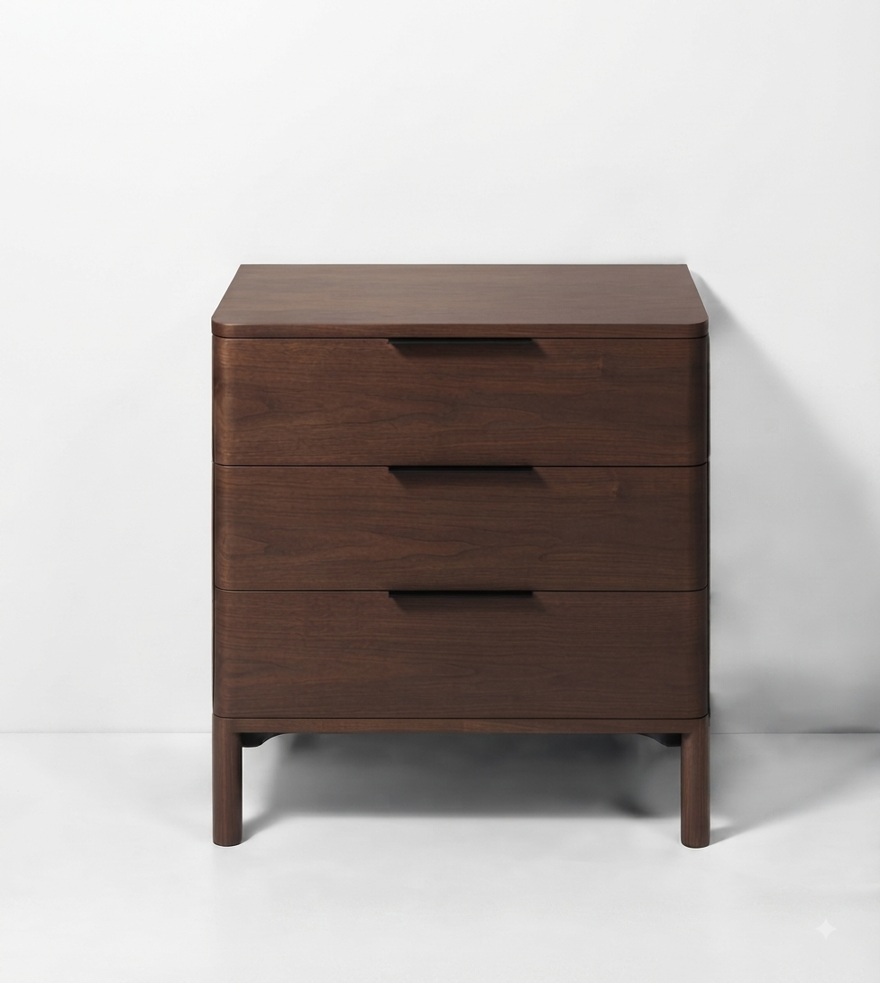 A three-drawer wooden nightstand with a dark walnut finish and slim black drawer pulls, photographed against a clean white studio background.