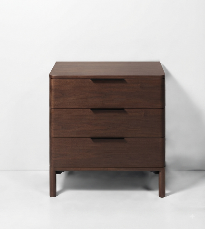 A three-drawer wooden nightstand with a dark walnut finish and slim black drawer pulls, photographed against a clean white studio background.