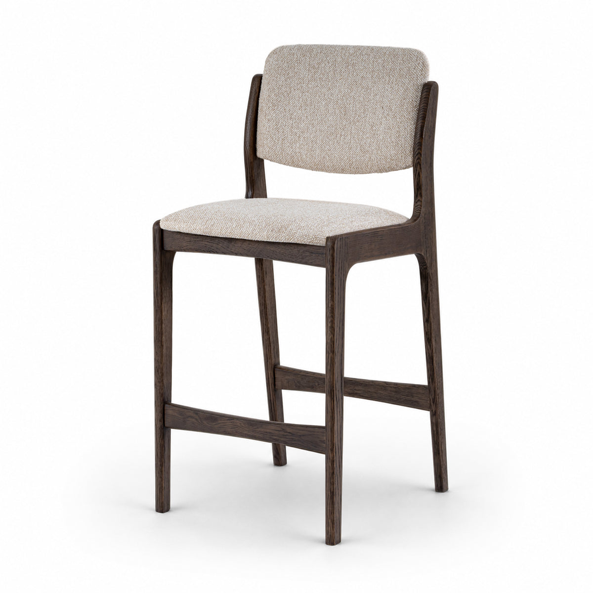 A modern counter-height bar stool with a dark brown wooden frame and light beige textured fabric upholstery on the seat and backrest, shown against a plain white background.