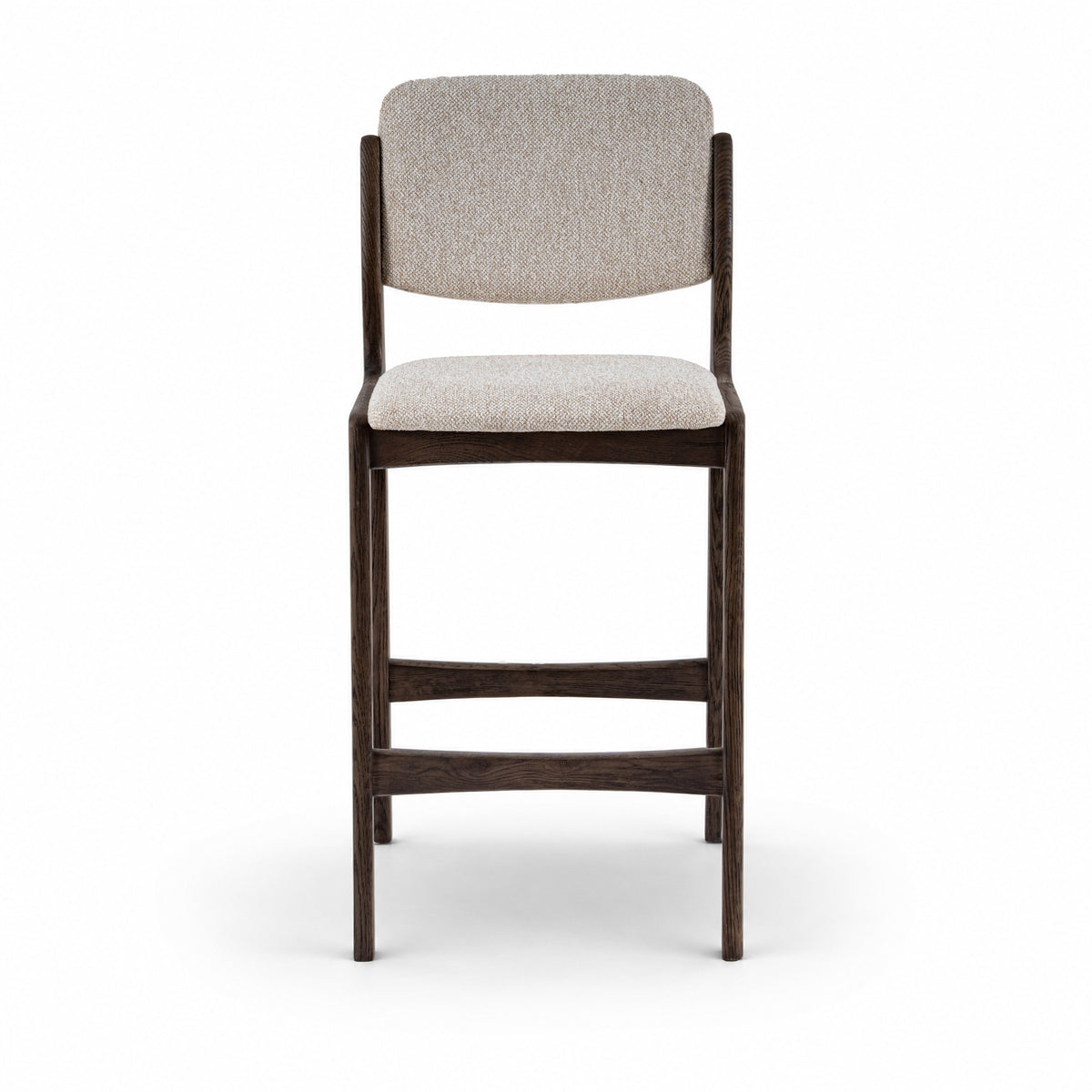 A modern barstool with a dark brown wooden frame and light beige textured fabric upholstery on the seat and backrest, shown against a plain white background.