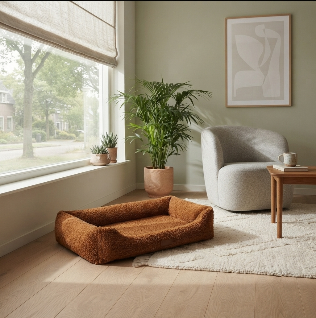 A plush, textured rust-orange pet bed placed on a light wood floor in a cozy, modern living room corner with a gray armchair, potted plant, and window.