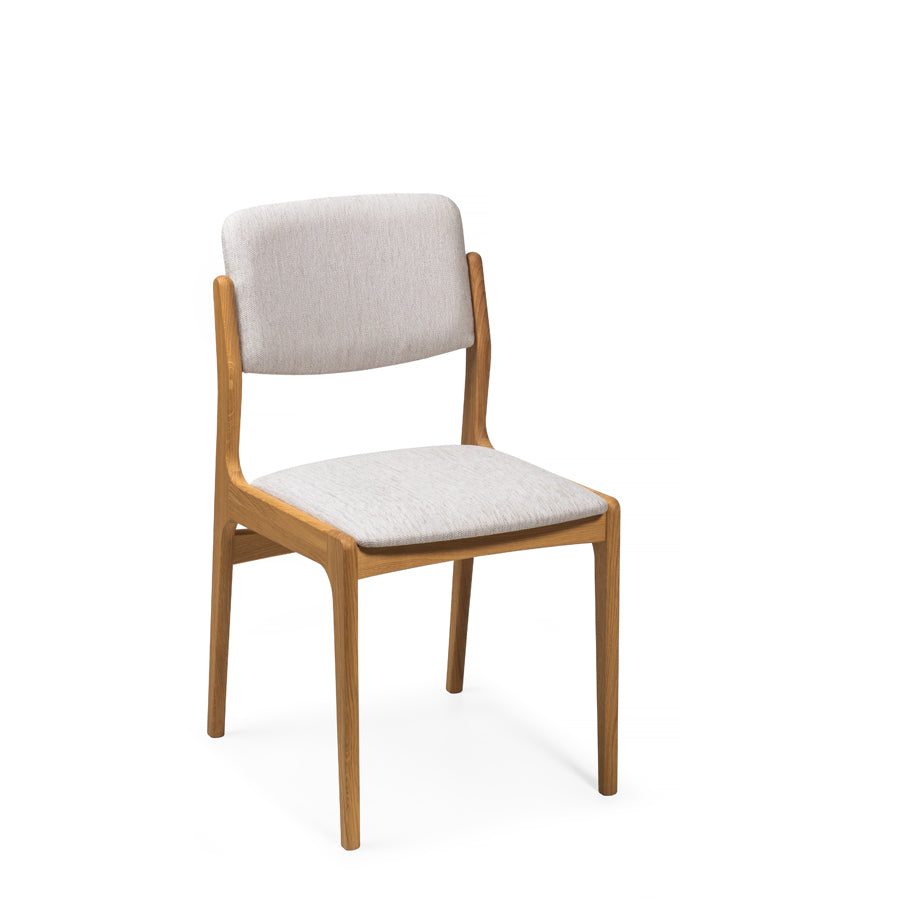 Trendy Scandinavian style oak wood dining chair with seat and backrest upholstered in gray fabric