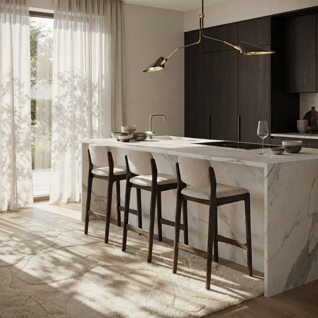 A modern kitchen island with a white marble-look countertop and backsplash, paired with three dark wood bar stools that have light beige upholstered seats. The scene is set in a bright, contemporary kitchen with dark wood cabinetry, a brass pendant light, and sheer white curtains.