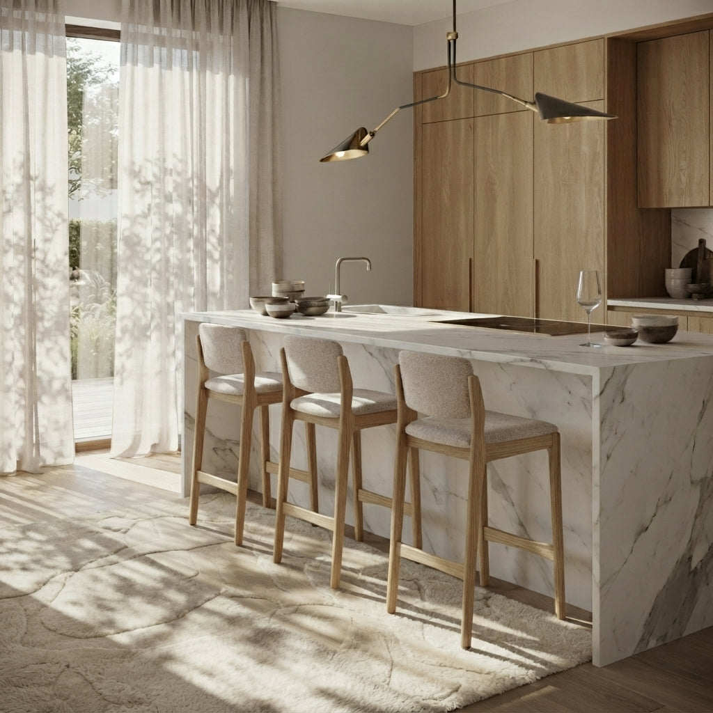 Interior image of oak barstools in a scandinavian style kitchen