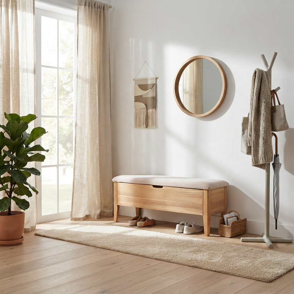 A light natural wood storage bench with a cream upholstered seat sits in a bright, modern entryway. The room features a large window with sheer curtains, a round wooden wall mirror, a white coat rack with a hanging scarf and umbrella, and a potted green plant on a light wood floor with a beige rug.