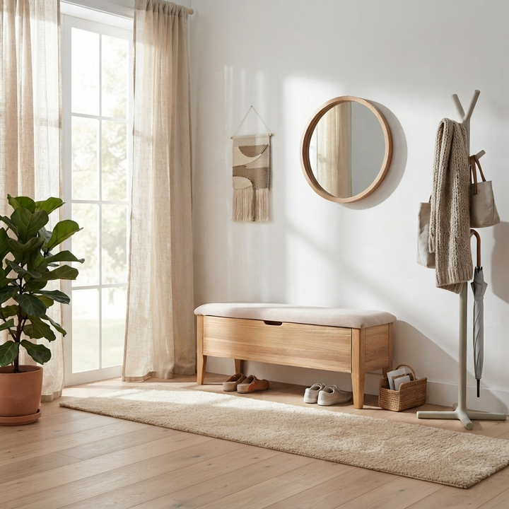 A light natural wood storage bench with a cream upholstered seat sits in a bright, modern entryway. The room features a large window with sheer curtains, a round wooden wall mirror, a white coat rack with a hanging scarf and umbrella, and a potted green plant on a light wood floor with a beige rug.