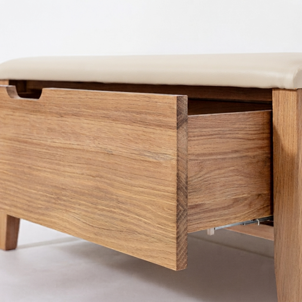 Close-up of a wooden bench or storage bench with a light beige cushioned top and an open drawer showing a metal spring mechanism, set against a plain light background.