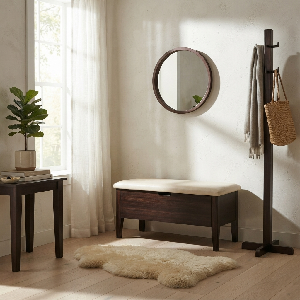 A styled entryway scene featuring a dark wood storage bench with a cream upholstered seat, a round wall mirror, a dark wood coat rack with a scarf and woven bag, a side table with a potted plant, and a light rug on a wood floor.