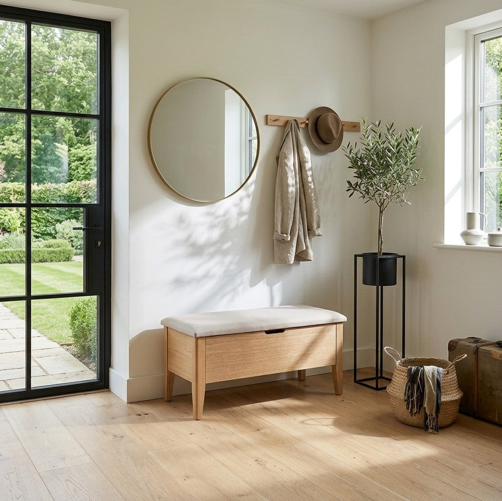 Interior photo of a light room with a wooden bench, round mirror, and plants.