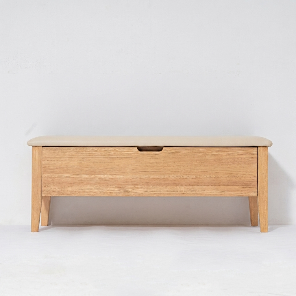 Oslo American White Oak Bench 43" front view – beige leather upholstered seat with storage drawer, solid white oak frame