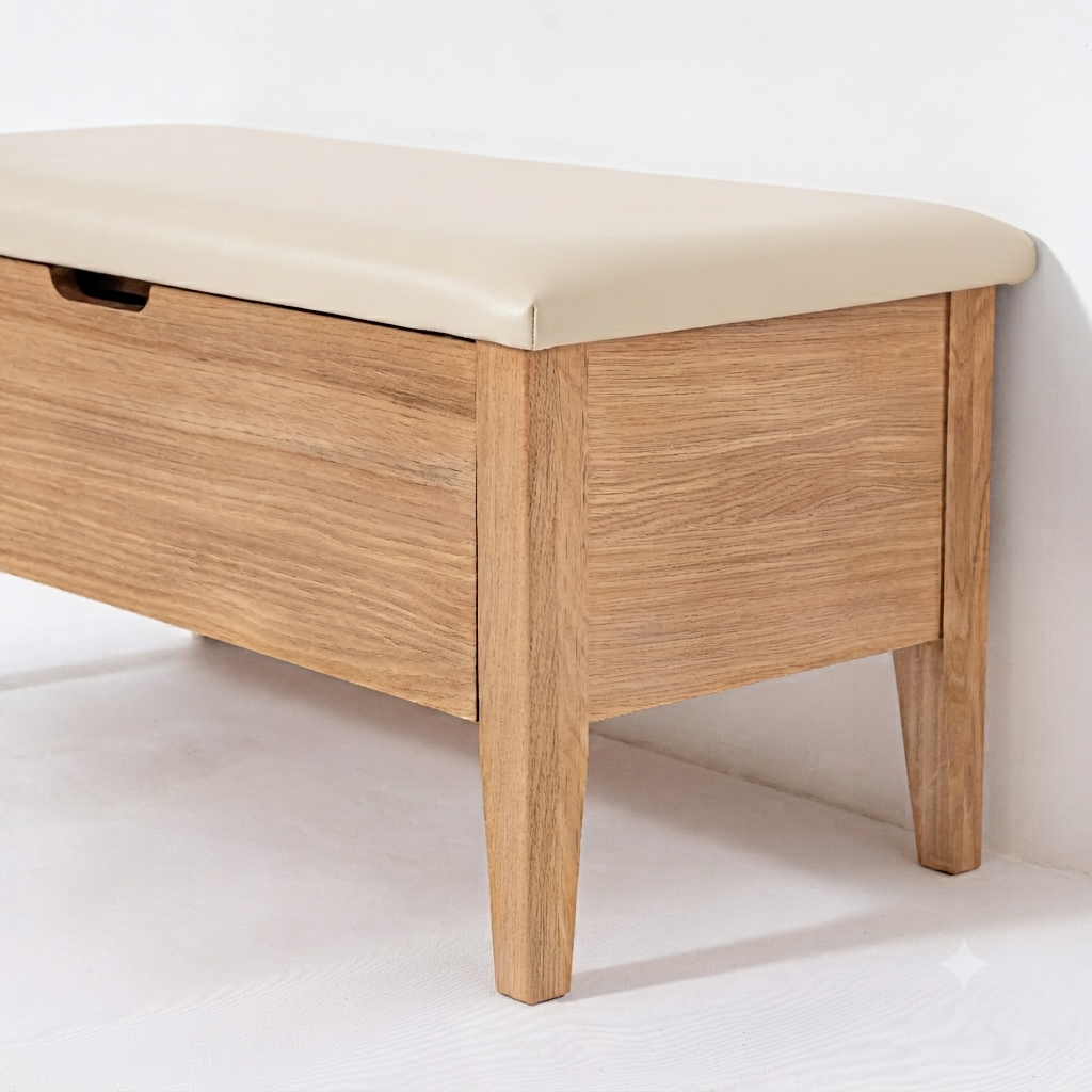 A wooden storage bench with a light beige upholstered top and a single drawer on the front, shown against a plain white wall and floor.