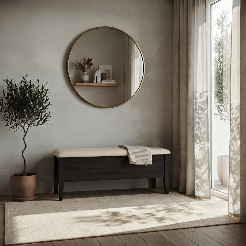 A dark wood entryway bench with a cream upholstered seat sits beneath a round wall mirror in a softly lit room. A folded cream throw blanket rests on the bench, and a potted olive tree stands to the left.