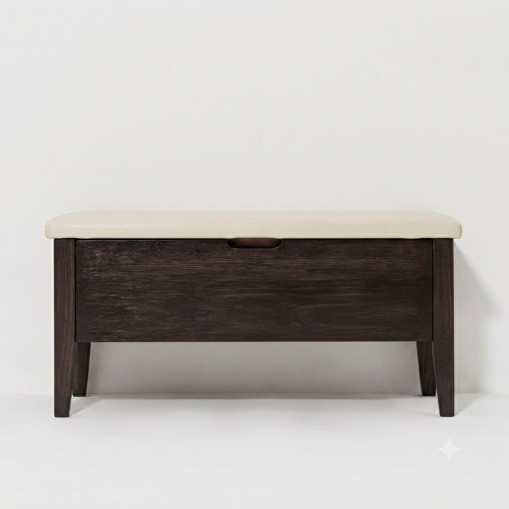 A dark brown wooden storage bench with a light beige upholstered top and a small central pull handle, shown against a plain white studio background.