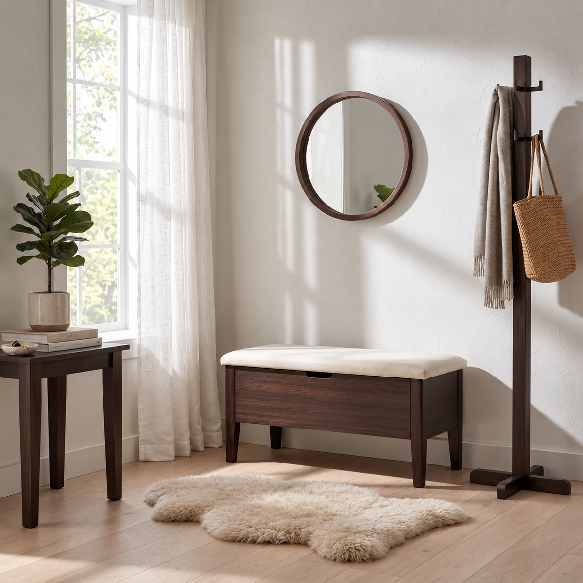 Oslo American White Oak Bench 35" - Espresso, Beige Leather