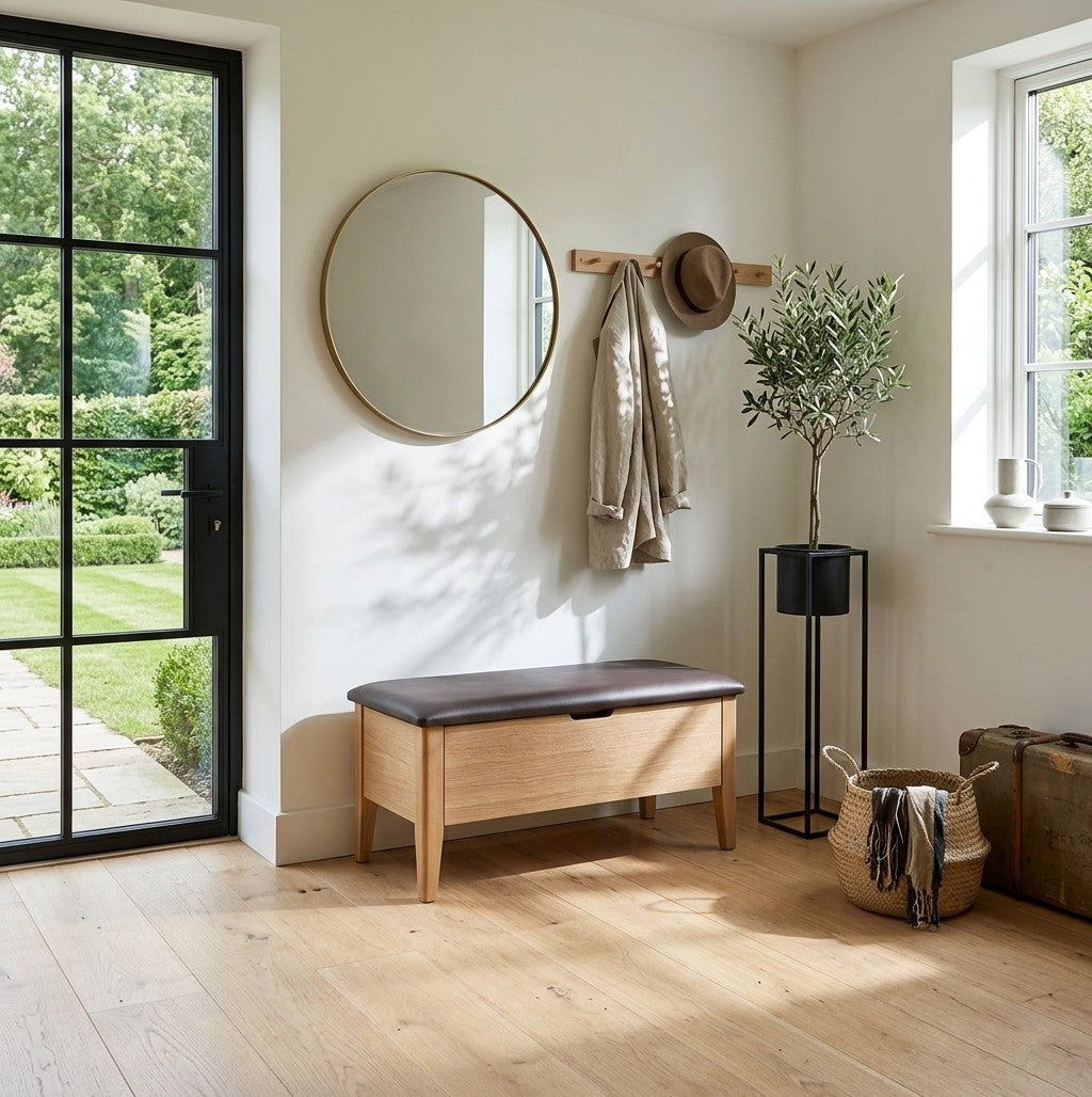 Oslo Oak Bench 35" – Brown Leather