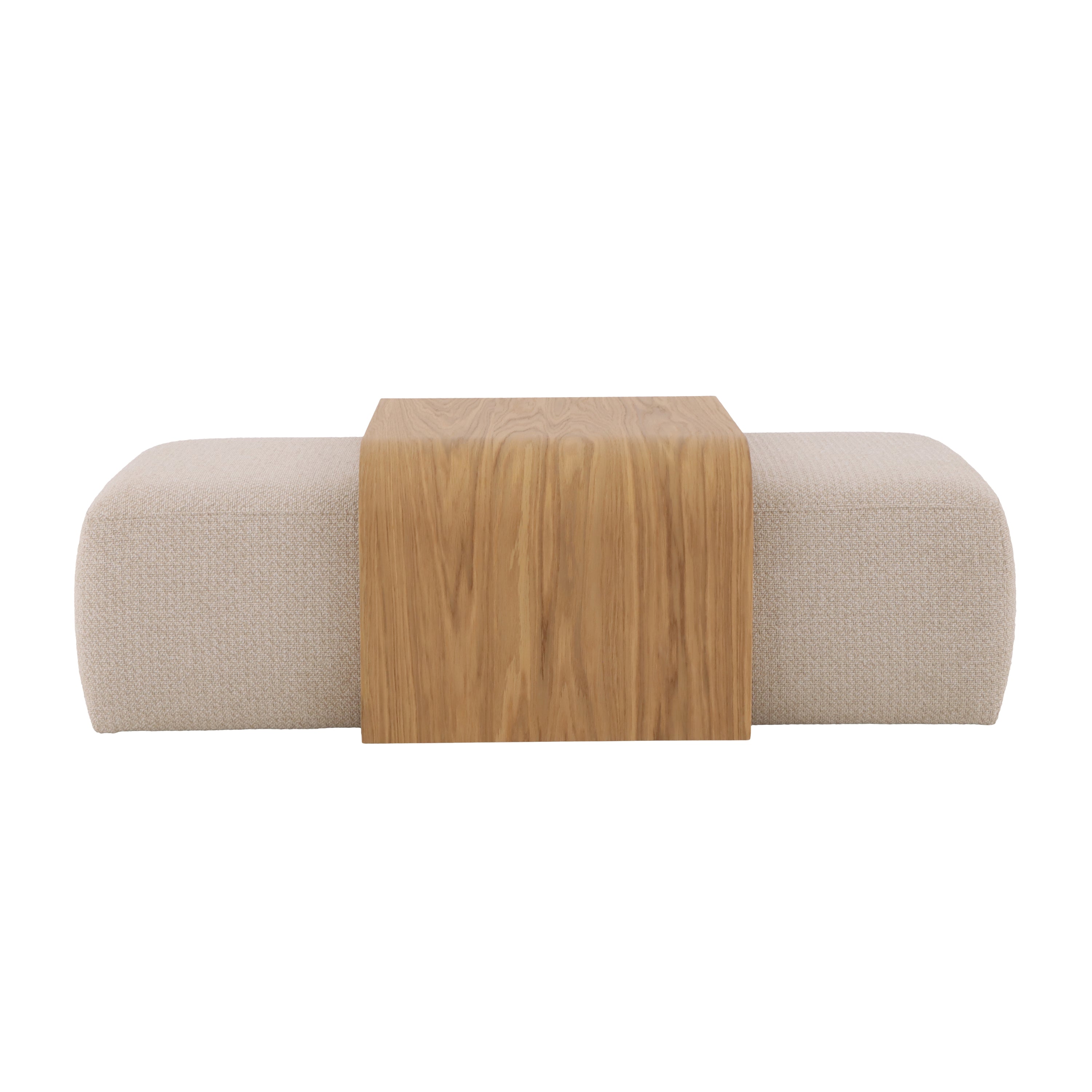 Oak living room coffee table with hidden beige pouf seating set