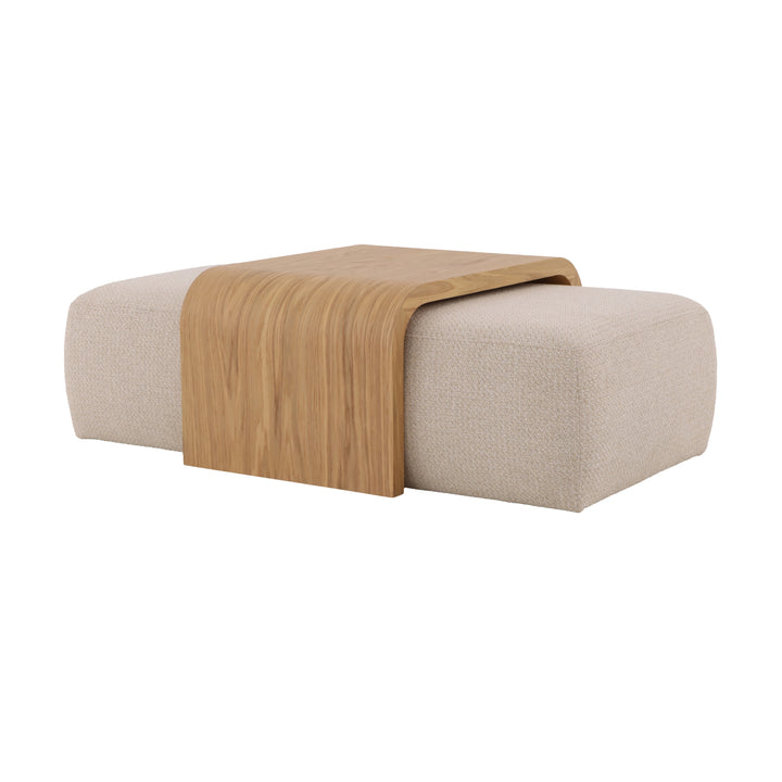 Celeste oak coffee table with two beige fabric poufs tucked underneath