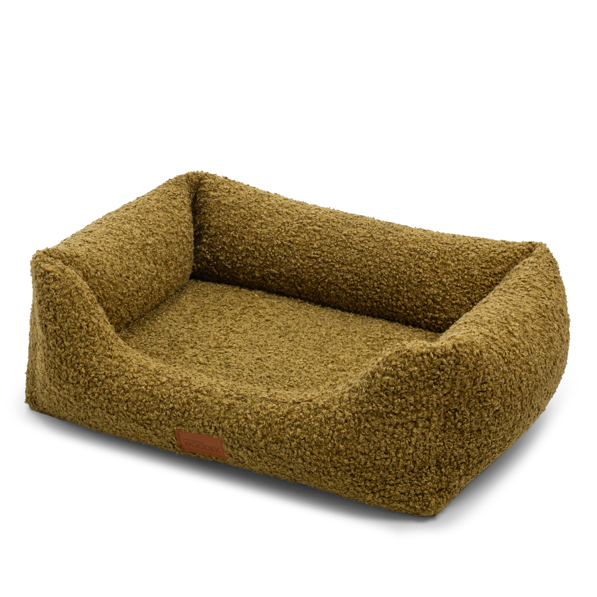 Stylish and supportive orthpedic dog bed in olive green, suitable for small and large dogs, with bolstered edges for head support.