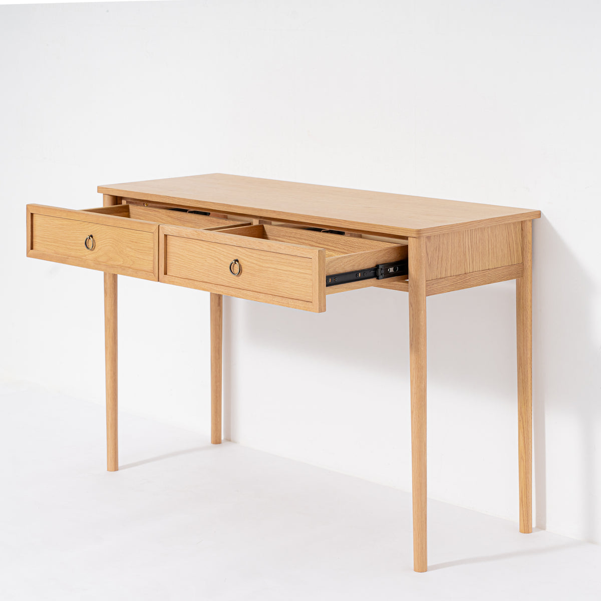 Wooden desk with two drawers on a white background