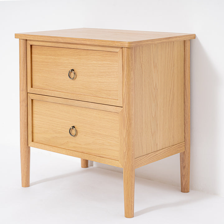 Wooden nightstand with two drawers on a white background