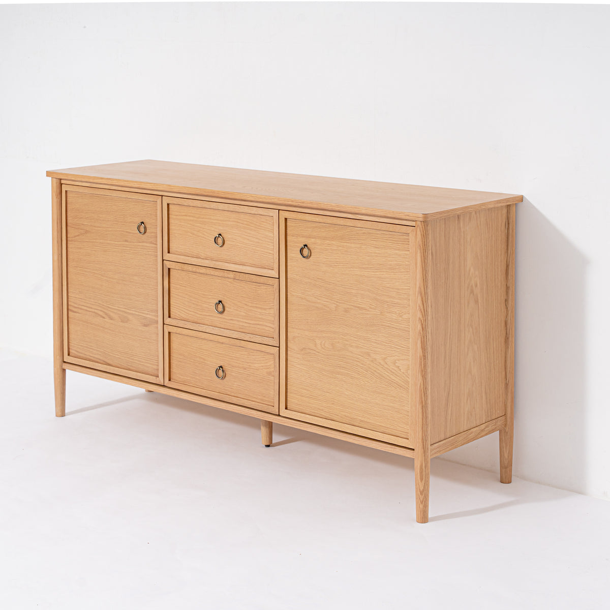 Wooden sideboard with drawers and doors on a white background