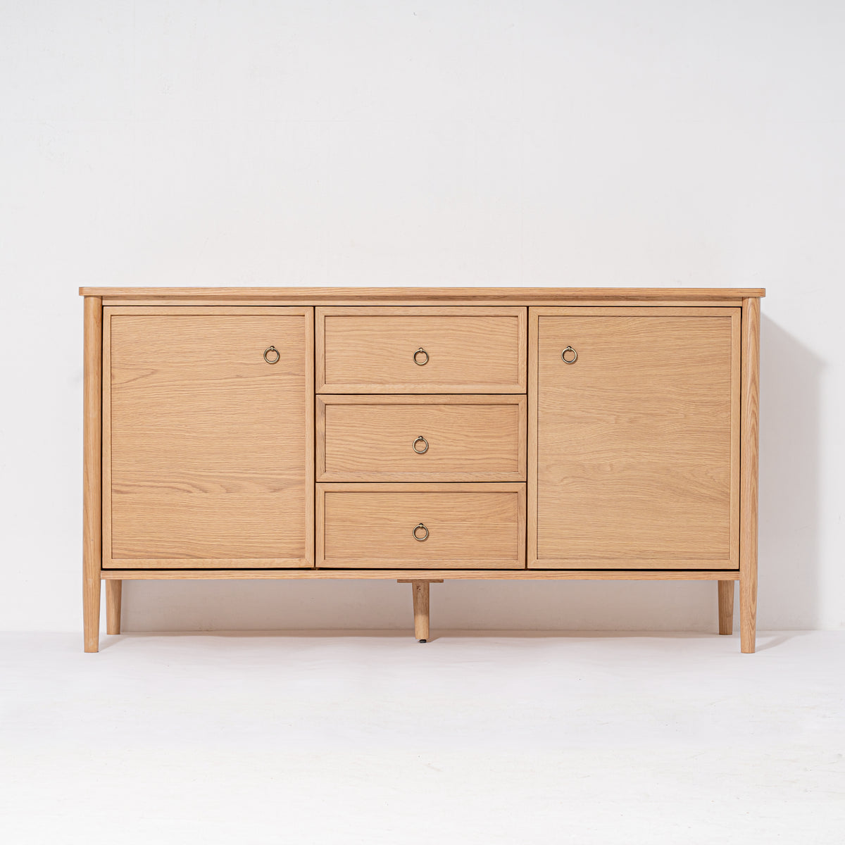 Wooden dresser with multiple drawers on a white background