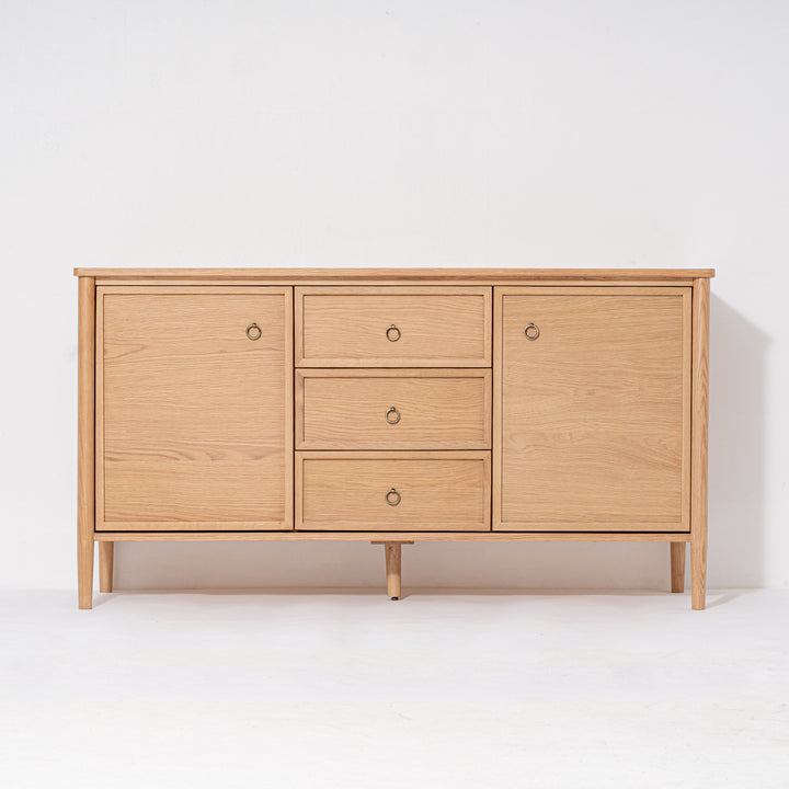 Wooden dresser with multiple drawers on a white background