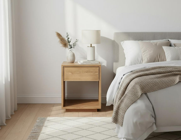 Wooden Nightstand Helene - From Real American Oak Wood with natural oak grain, single drawer, open storage, minimalist Scandinavian design, gallery 1 Remove_the_logo_from_the_bottom-3_1.jpg